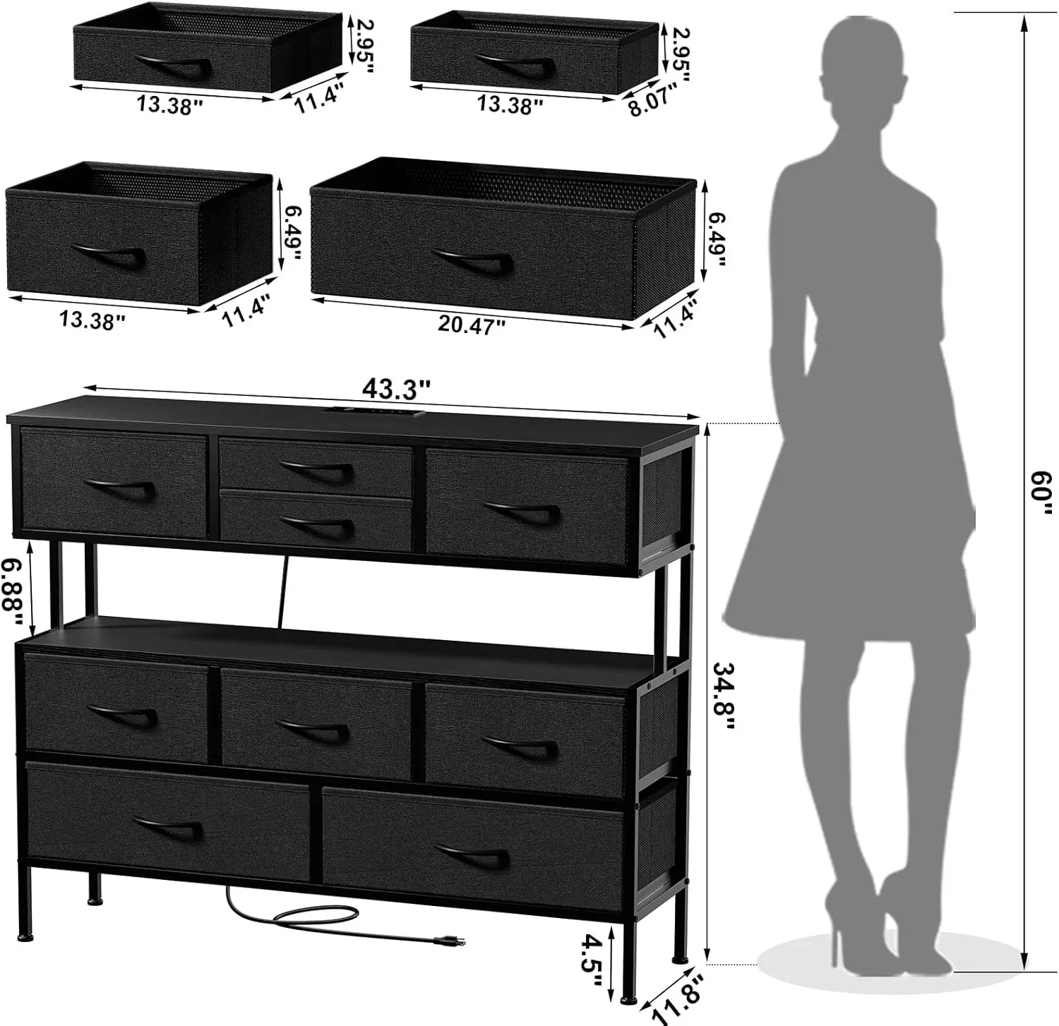 

Reahome Dresser Tv Stand With Charging Station And Led Lights, 55” Tv Stand With 9 Drawers, Fabric Dresser For Bedroom, Steel