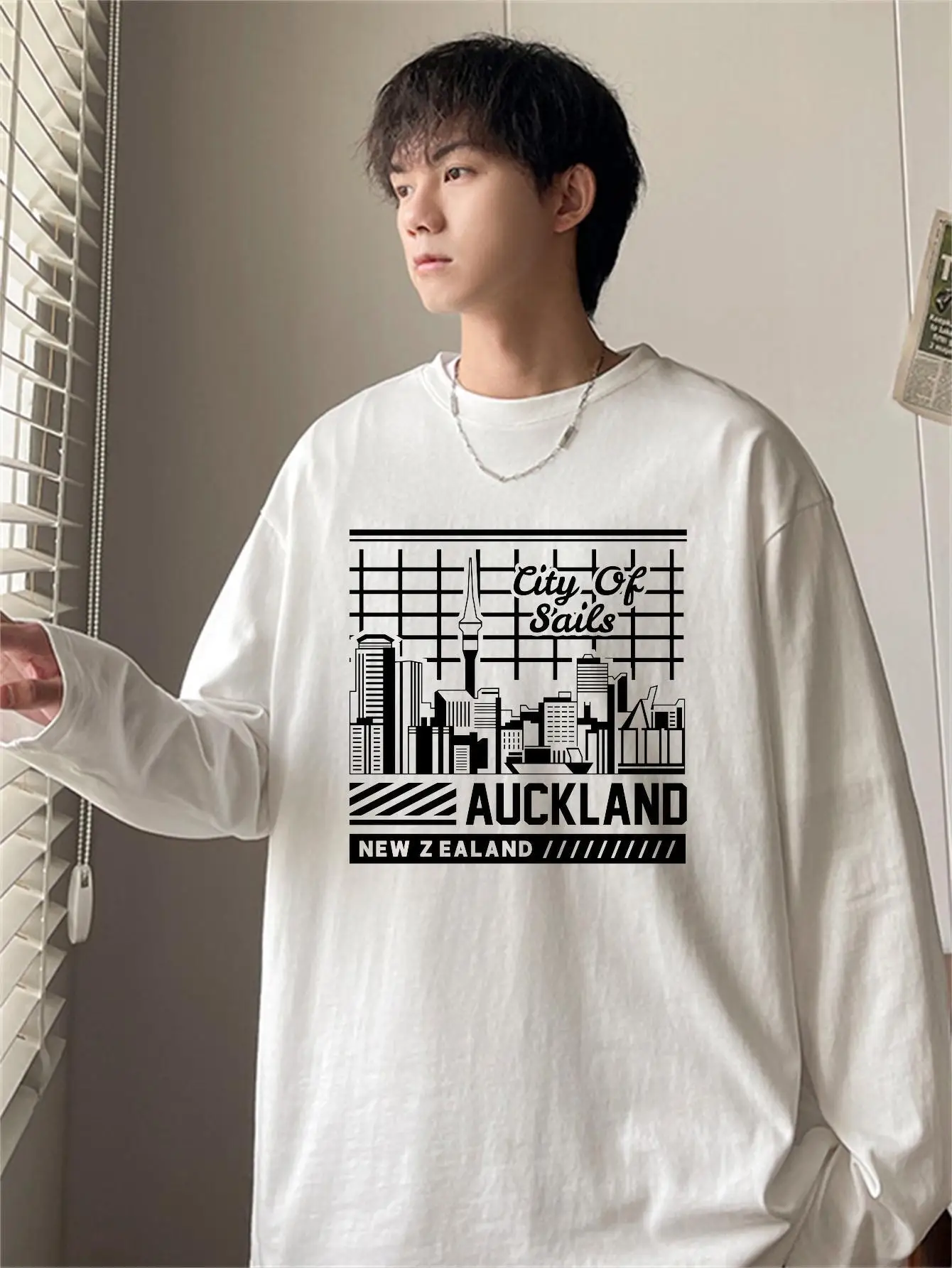 Auckland Style Men T-shirts Fashion Graphic Long Sleeve Tops Male Cotton Loose Streetwear High Quality Unisex Tees City Of Sails