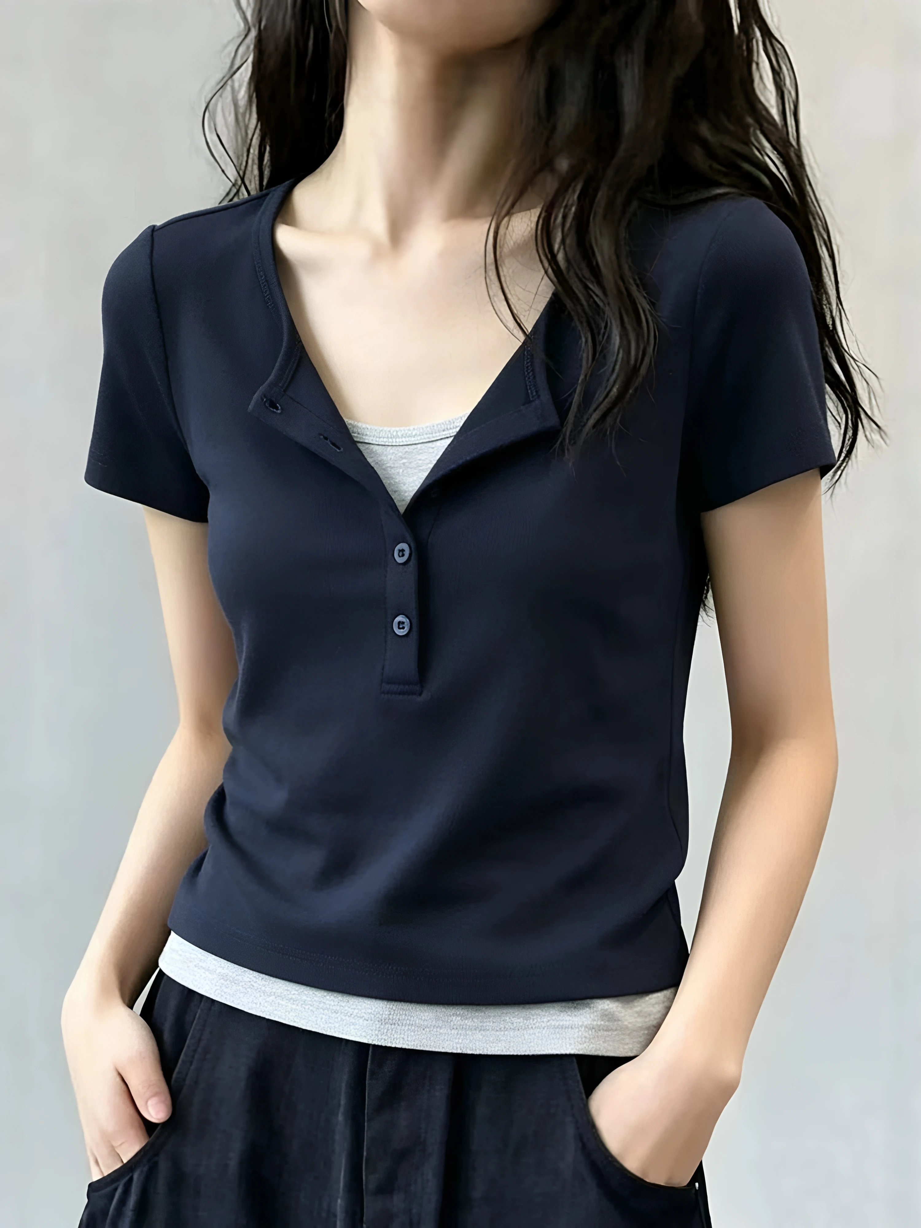 Summer Short Sleeve T-Shirt 95 Cotton Henry Collar Women's Fashion Casual Breathable Sweatshirt Large Size plus Size