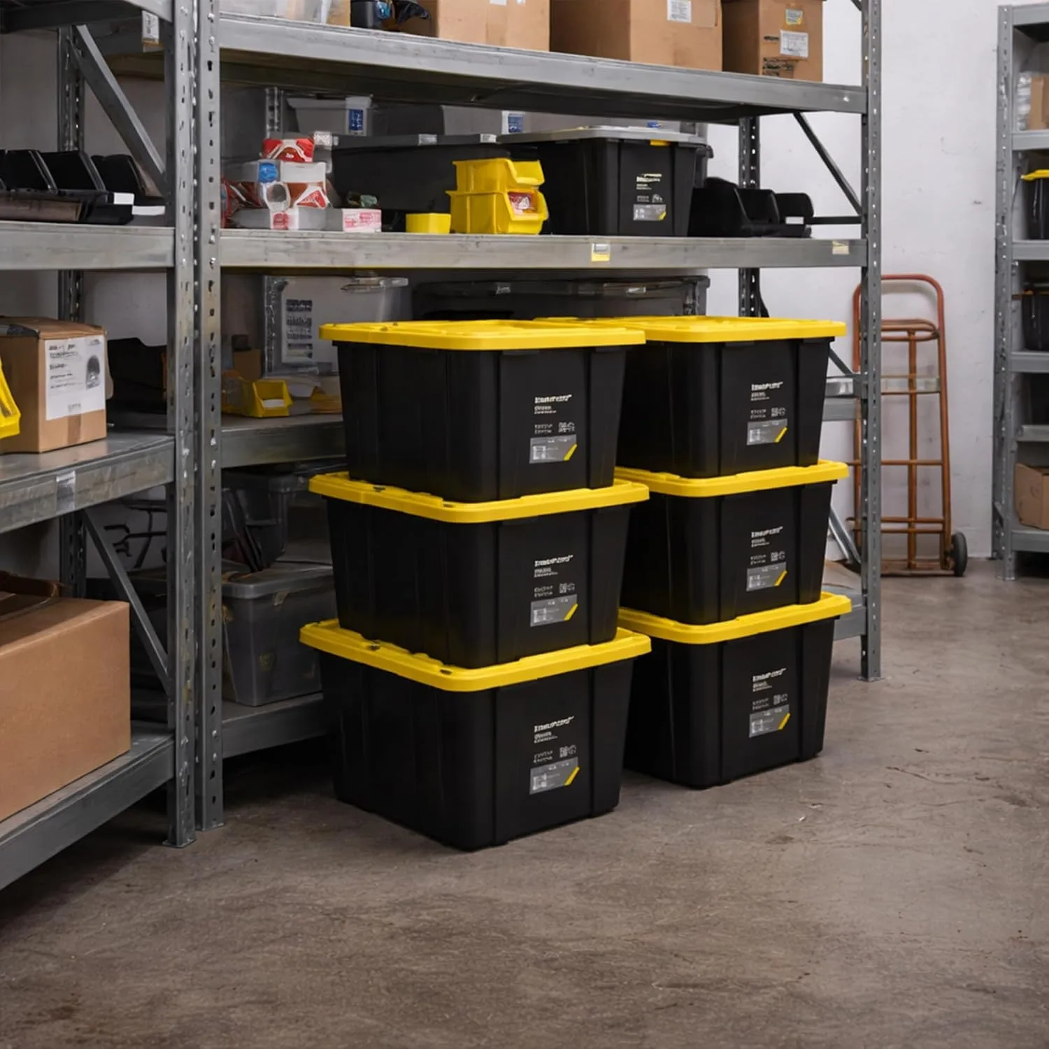 Heavy Duty Stackable Storage Container with Lid, 27 Gallon, 6-Pack | Weather-Resistant Organization Tote with Snap-Tight Lid, for Garage, Basement, Attic, Shed, Closet & Moving