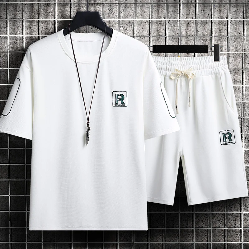 R Letter Men\'s T-Shirt and Shorts Sets Casual Set 2024 Summer Male Sports Suit Solid Color Tracksuit Loose Suits Size 3XL