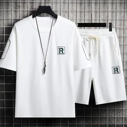 R Letter Men's T-Shirt and Shorts Sets Casual Set 2024 Summer Male Sports Suit Solid Color Tracksuit Loose Suits Size 3XL