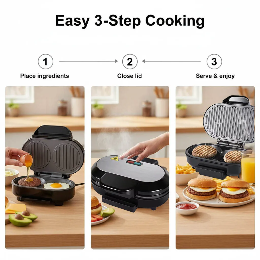 Dual-Head Electric Breakfast Maker, Heated Press for Burgers, Eggs, and Pancakes, EU Plug
