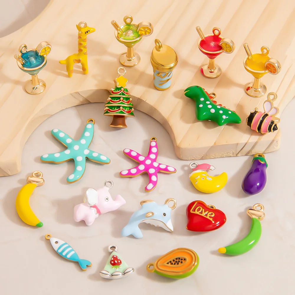 5pcs Enamel Stainless Steel DIY Charms Heart Fish Banana Elephant Moon Pendant for Jewelry Making Necklace Earring Accessories