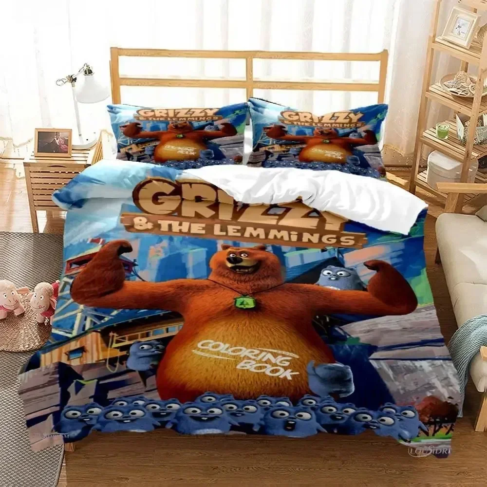 Grizzly & The Lemmings Cartoon Anime Printed Bed Set Duvet Cover Pillowcase Bedding Set Linen Sheet Quilt Cover Queen King Size