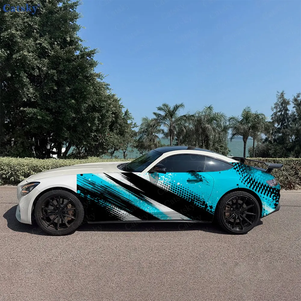 

2pcs Aqua Blue Splash Ink Cloud Car Side Wraps, Self-Adhesive PVC Waterproof & Scratch-Resistant Stickers, Car Accessory Gift