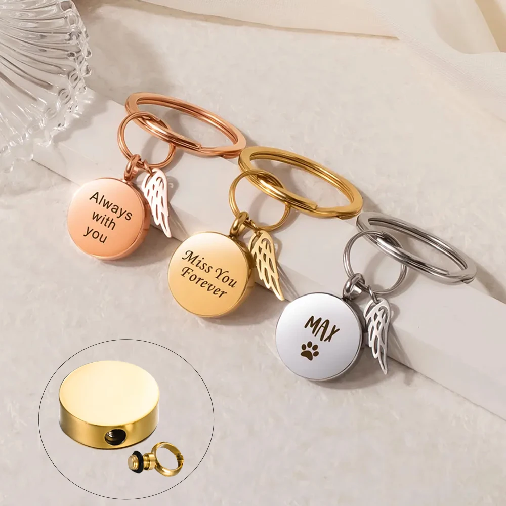 

Круглый кулон-брелок с урной и крыльями ангела для пепла, мемориальные украшения из нержавеющей стали для кремации, индивидуальное имя, текст в виде лапы
