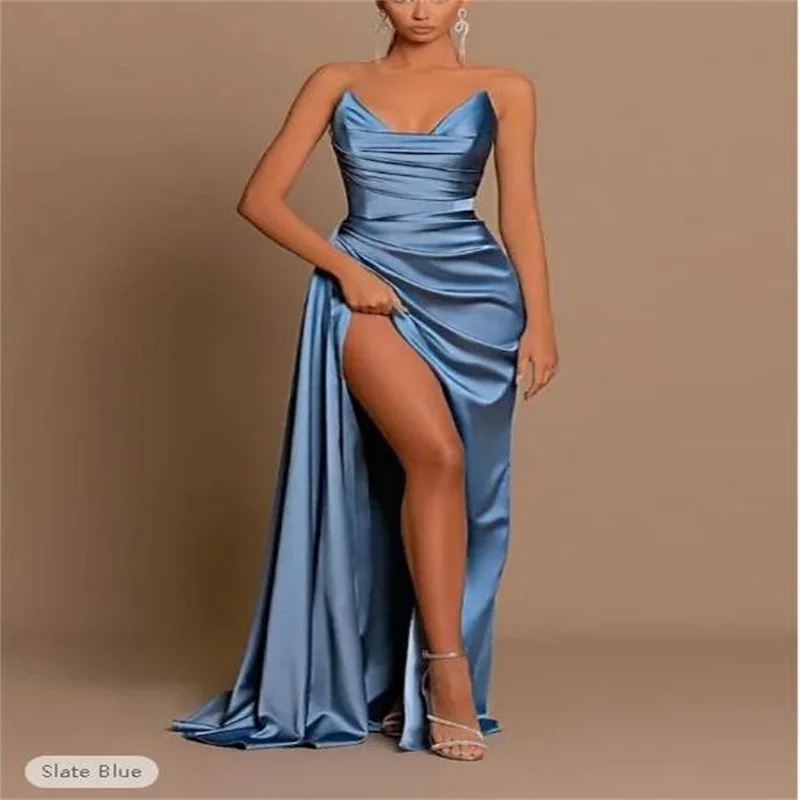 

Blue Sexy Mermaid Evening Wedding Guest Dress Ruched Party Dress Formal Straplese Train Sleeveless Satin with Ruched Slit 2024