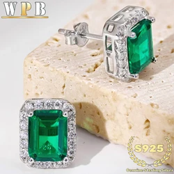 S925 Sterling Silver Stud Earrings Emerald Green Zircon Four Prong Double Halo for Women Classic Formal Wedding Bridal Jewelry