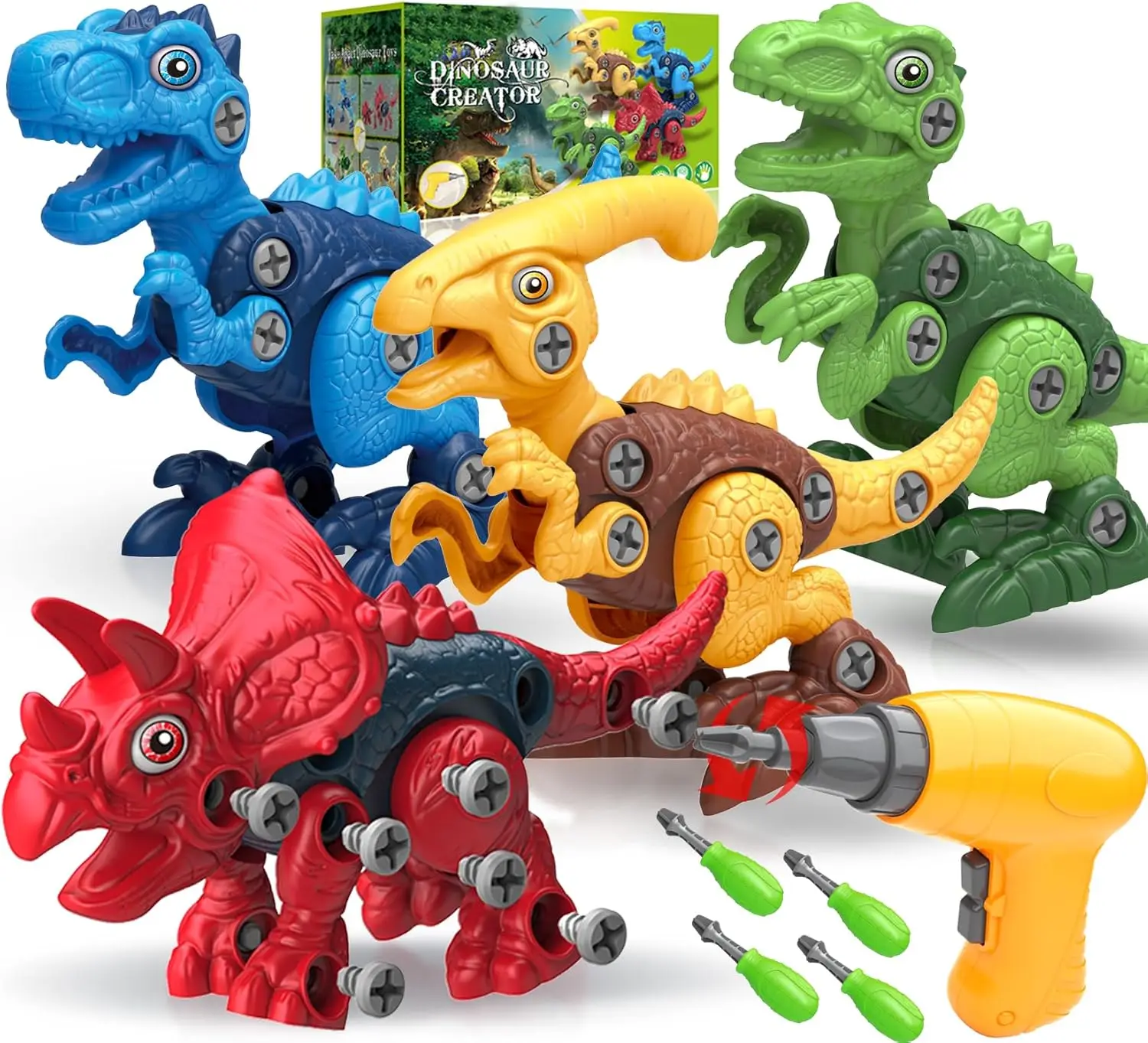 

Take Apart Dinosaur Toys for Boys 3-7, STEM Building Kit with Electric Drill, 4 Pack Dino Set, Educational Construction Toy, Gift for Kids