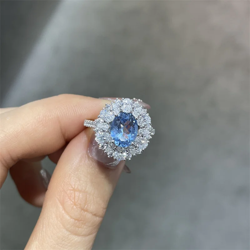 

ZFSILVER s925 Silver Fashion Luxury Trendy Cultivated Gemstone Blue Spinel Ring Charms Women Wedding Party Jewelry Gifts R3-0657