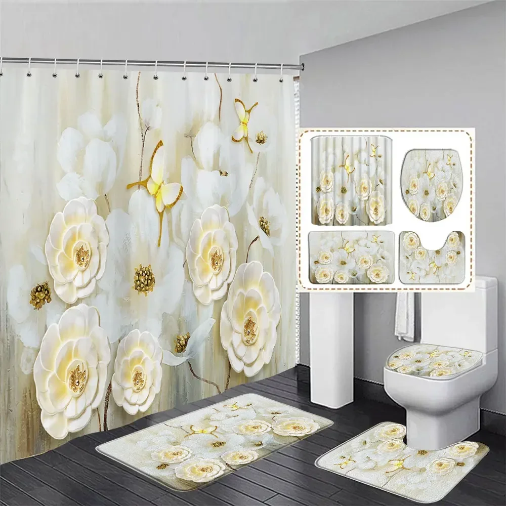 Elegant Bouquet of Fantastic White Flowers 3D Style Shower Curtain Bathroom Curtain with Bath Rug Carpet Set Floral Home Decor