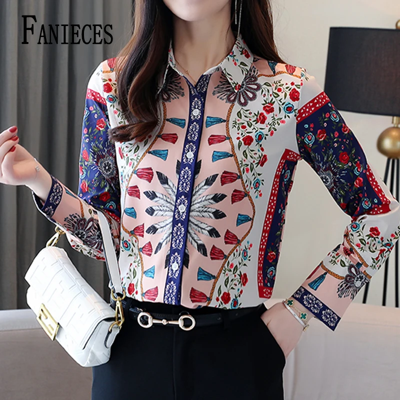 

FANIECES camisas de mujer Print Shirt for Women Long Sleeve Turn-down Collare Button Blouse Ladies Summer Autumn Viintage Tops ﻿