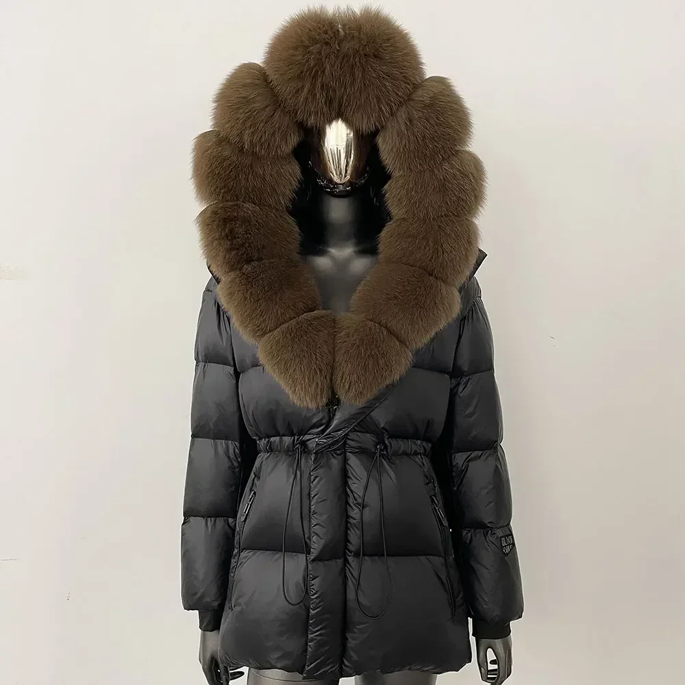 White Goose Down Jacket Women New Natural Thick Warm Real Big Fox Fur Collar Belt Loose Puffer Parka Winter Real Fur Coat