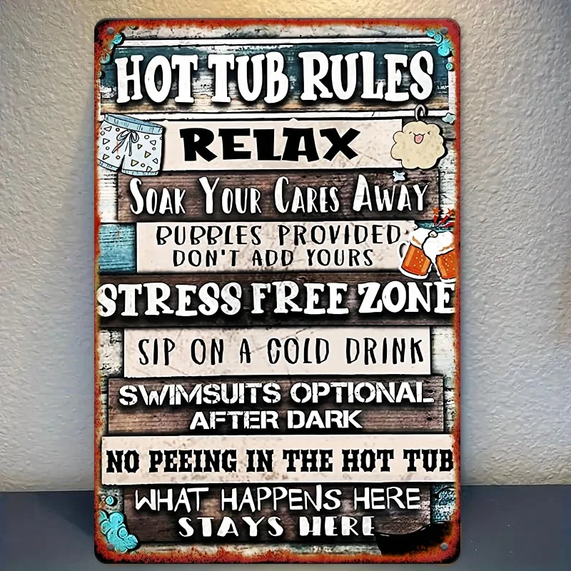 One Piece, Hot Tub Rules Theme Retro Metal Tin Sign Pattern Design Square Iron Sheet Hanging Picture, Suitable for All Occasion