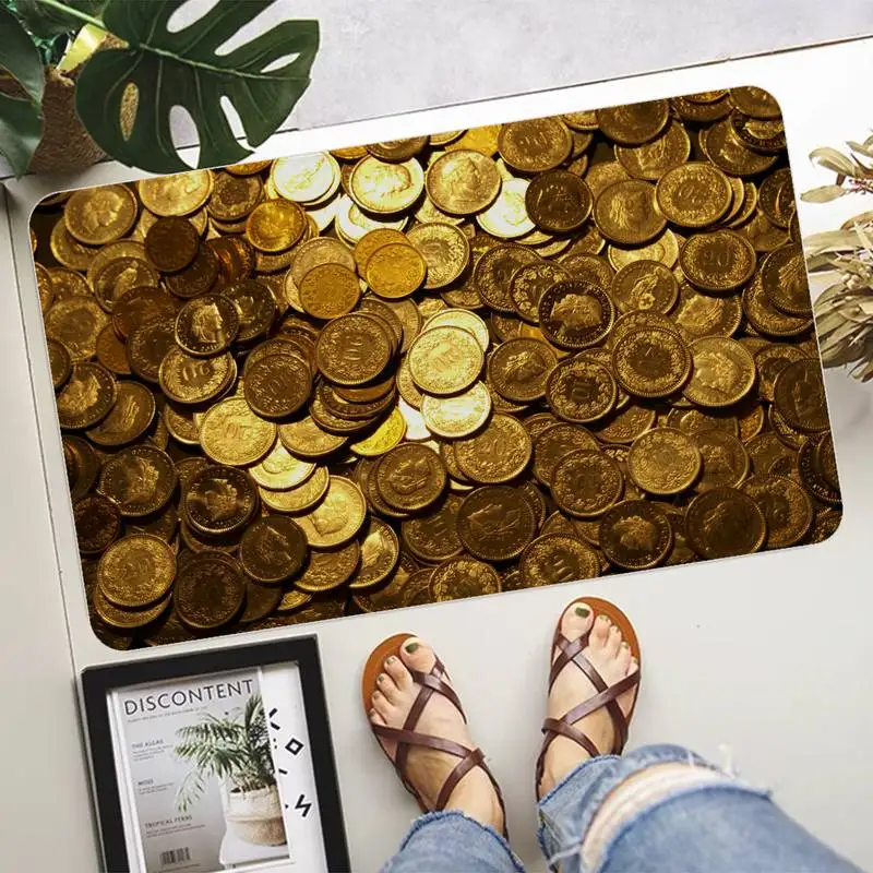 Funny Bitcoin Gold and Money Printed Flannel Floor Mat Bathroom Decor Rug Anti-Slip Living Room Kitchen Welcome Door