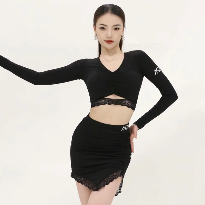 Latin Dance Clothes Long Sleeves Tops Lace Skirt Women Cha Cha Rumba Dance Practice Wear Adult Latin Training Clothing DNV19161