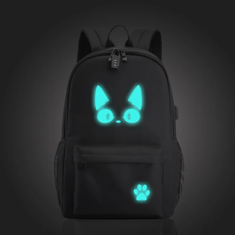 Black Cat Printed USB Backpack With Chain Headphone Port School Bags Travel Laptop