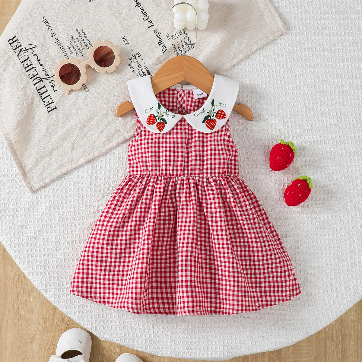 Cute Baby Girl Dress Doll Collar Strawberry Print in Red Checkered Pattern Dress Suitable for Babies Aged 0-24 Months Baby Girl