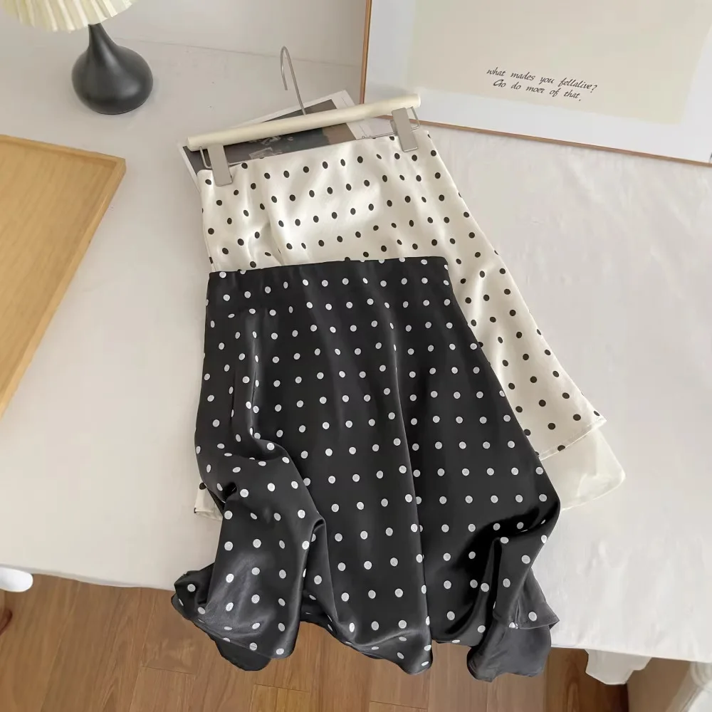 French Style Polka Dot Satin Skirts Women Retro Temperament High Waist Knee-Length Skirt Spring Summer Stylish Casual Lady Skirt