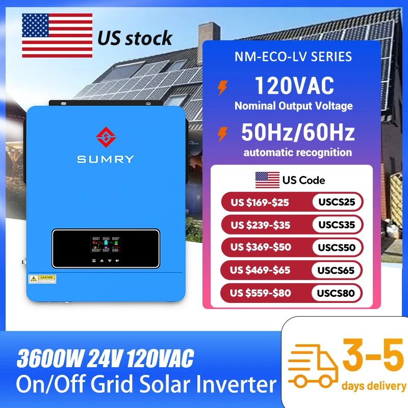 Sumry 3.6kw Hybrid Solar Inverter 110/120v 24v Dual Output with MPPT 120A 60-450v 50/60hz Home Inversor Pure Sine Wave
