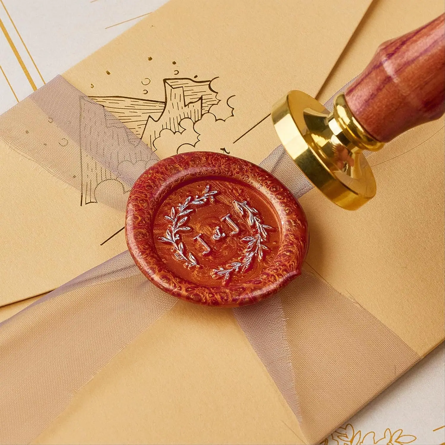 ختم شمع مخصص ومجموعة مقبض خشبي، لدعوة الزفاف، تصاميم متعددة، ختم شمع بشعار شخصي، شمع أولي