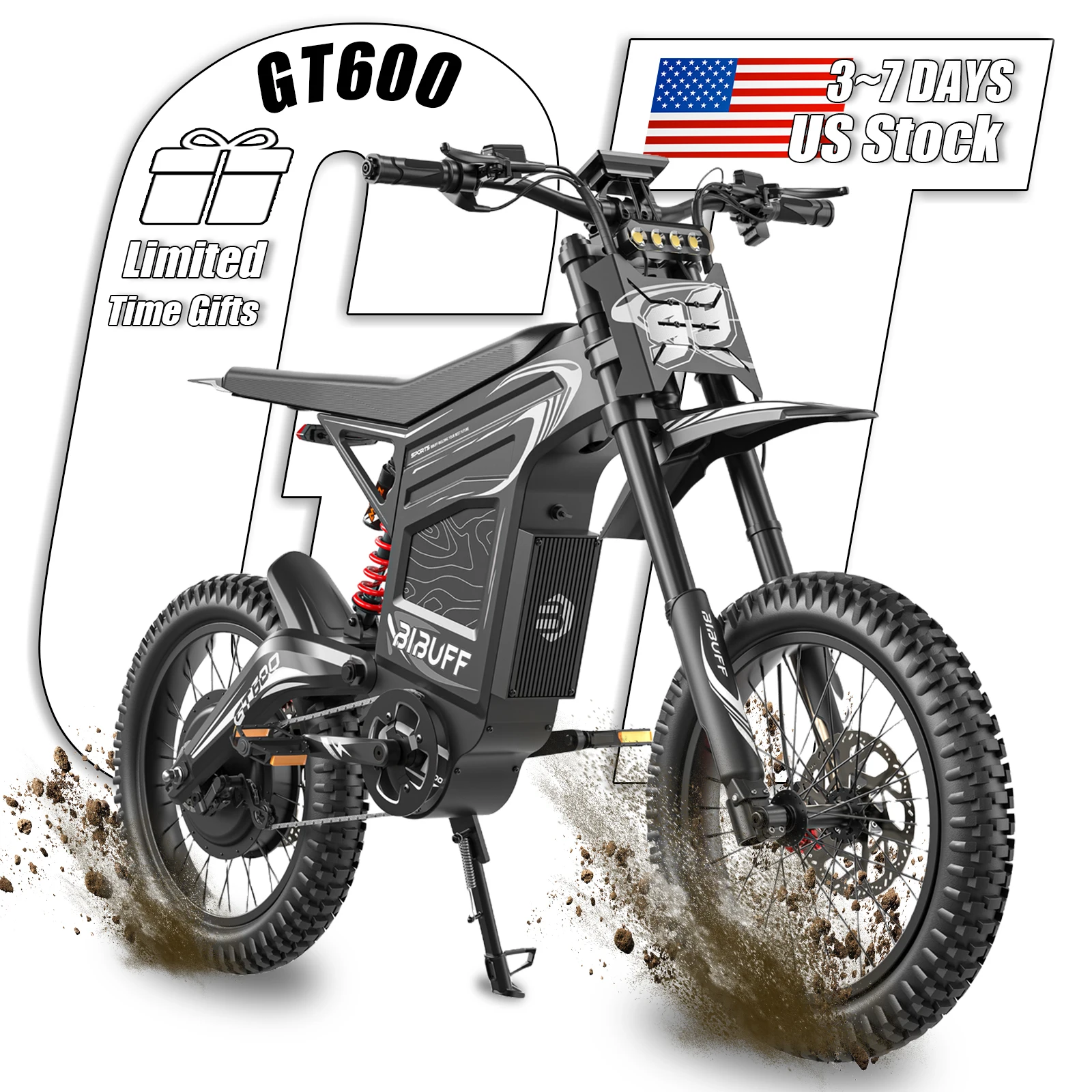 GT600 Electric Dirt Bike 4000W 50MPH Max Speed 72V30Ah Lithium Battery 70Miles Long Range 5A Charger 6.5 Hours Charging Peak Motor Power 7500W Hydraulic Brake LCD Display IPX6 Waterproof Dual Disc Brakes EABS Braking System All-terrain Electric Motorcycle