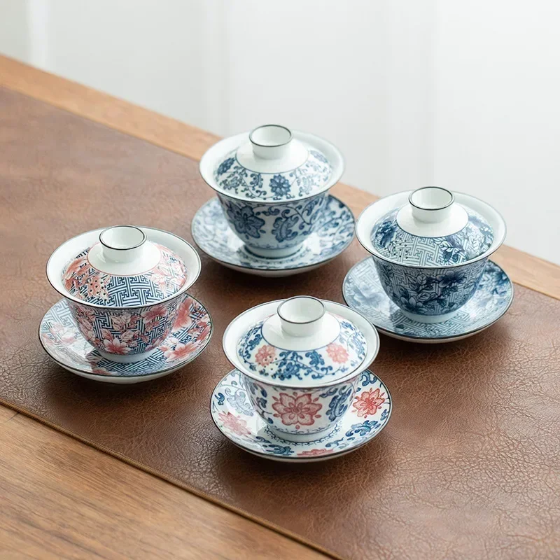 Retro Blue and White Porcelain in Glaze Decoration, High Temperature Fired Ceramic Gaiwan, Kung Fu Tea Set, Brewing Household