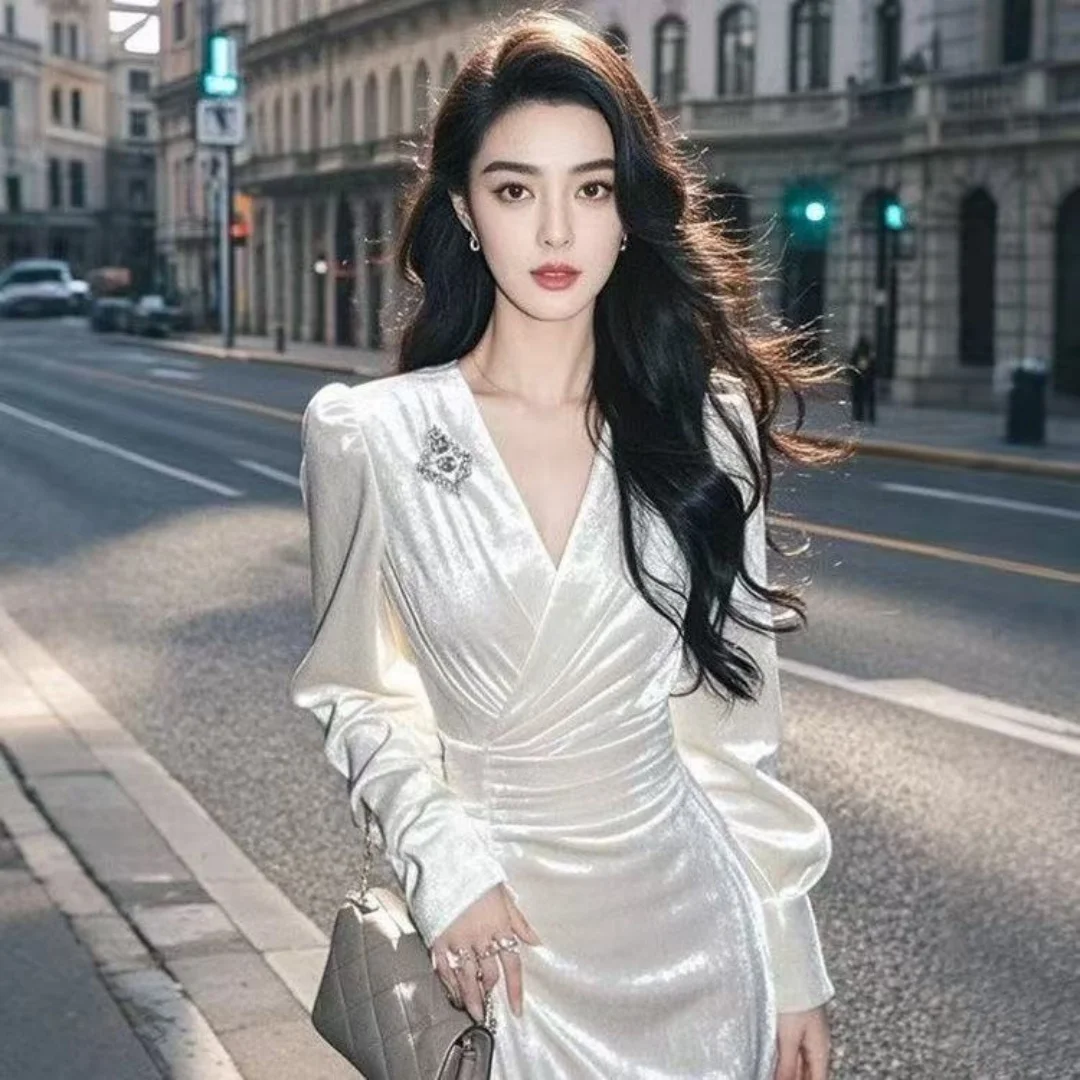 

Корейское милое белое бархатное красивое платье, женское весенне-осеннее новое тонкое платье миди с v-образным вырезом и высокой талией, элегантное праздничное платье