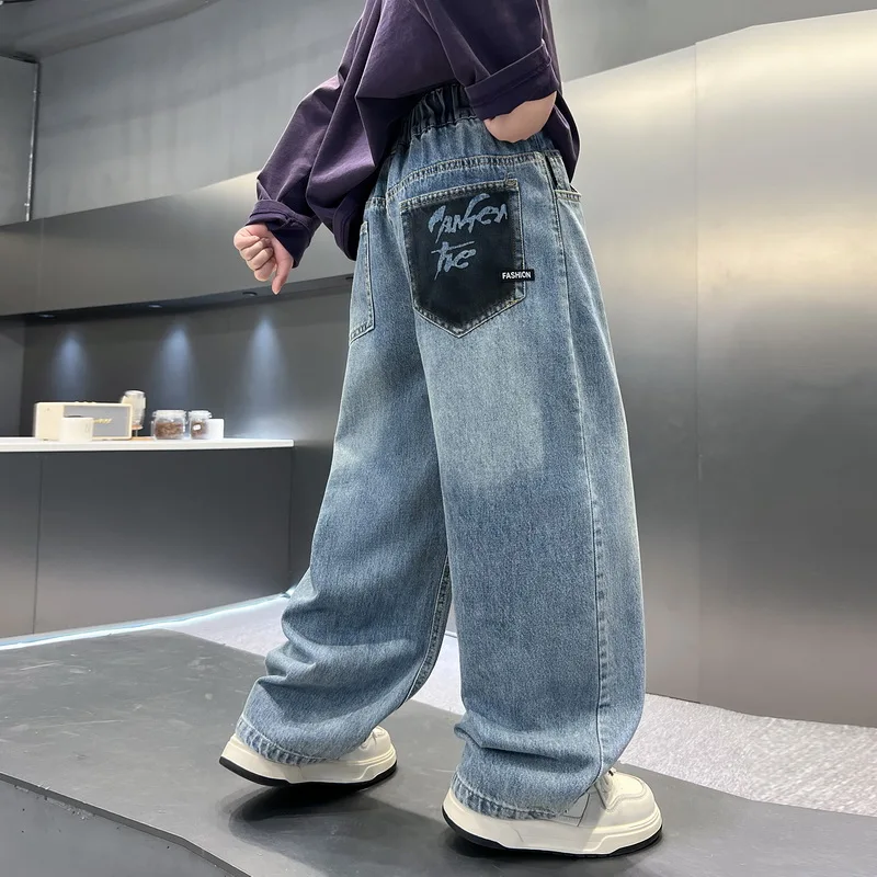 New Style Boys Letter Printed Jeans Spring and Autumn Fashionable Children's Trousers Teenagers Casual Long Denim Pants Age 4-15