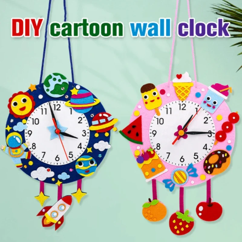 Baby DIY Clock Toys Non-woven Arts Crafts Hour Minute Second Children Cognition Clocks for Kindergarten Hanging Ornaments