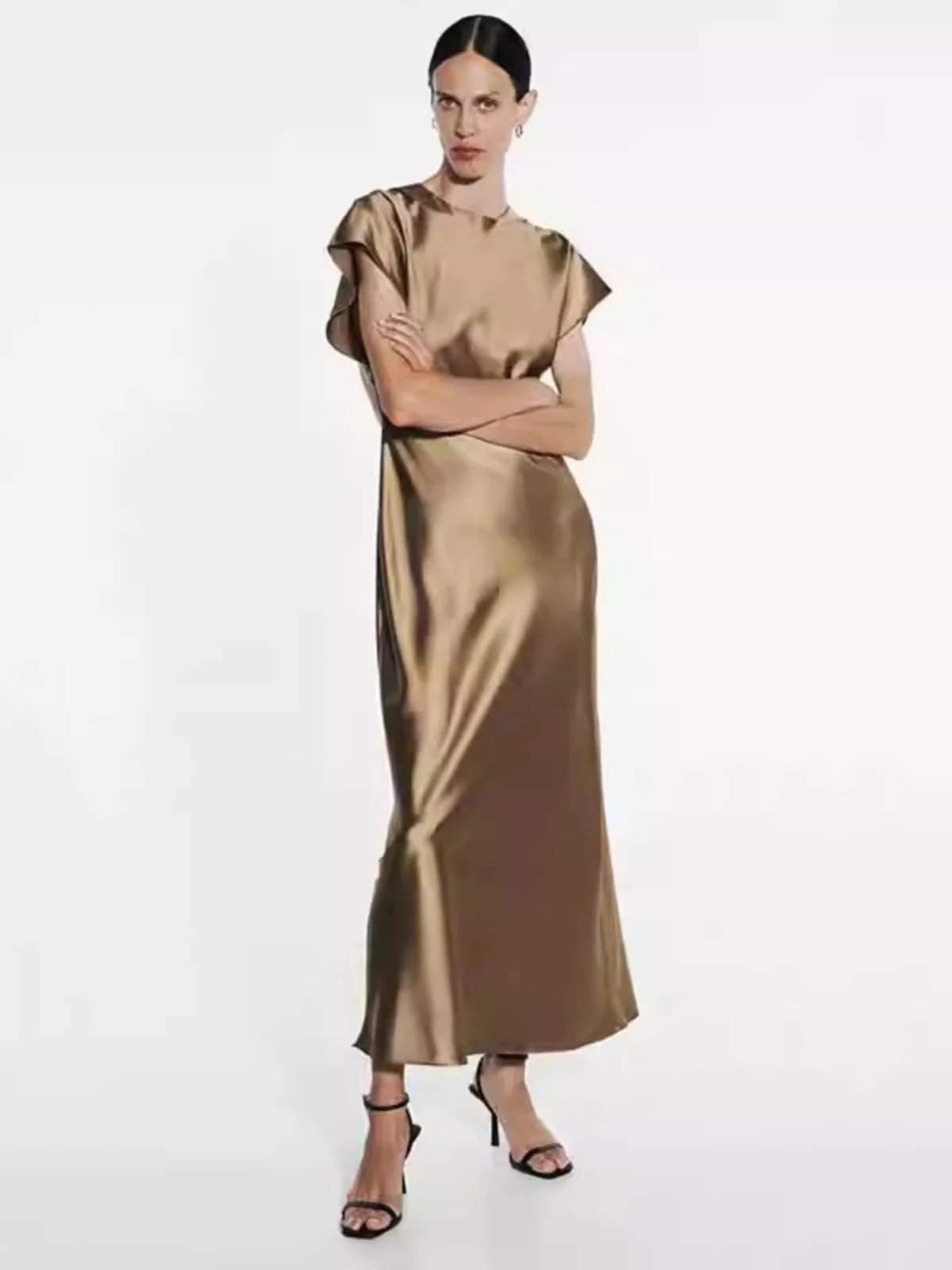 Chic décontracté soie Satin Midi Dr automne nouveau Sle femmes Faionable rue Sle rond Ne ort Sve a-ligne Dr