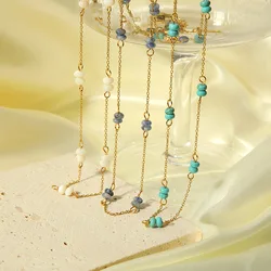 18K Gold Plated Stainless Steel Natural Stone Stations Choker Necklaces for Women Charms Handmade Beaded Chain Collar Jewelry