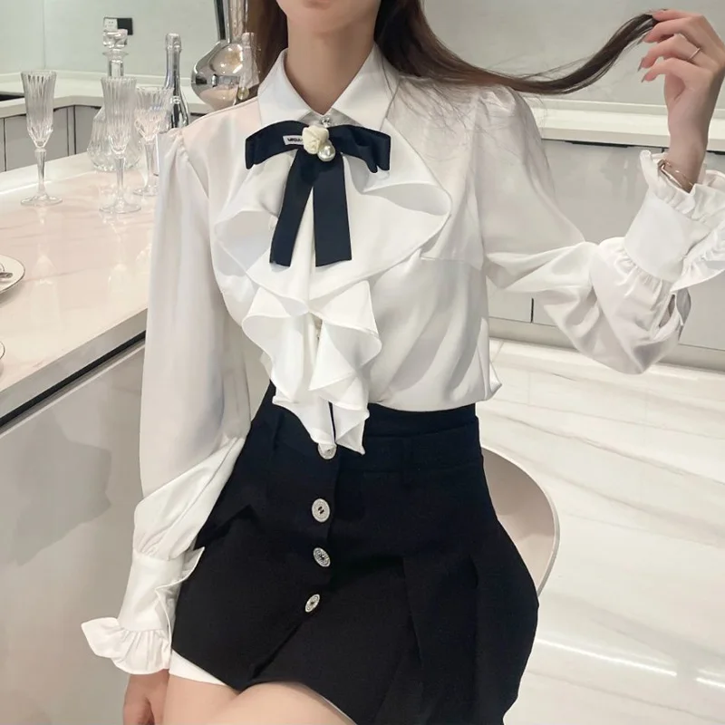 Temperament White Ruffles Patchwork Blouse Spring Long Sleeve Polo Neck Solid Office Shirt Tops Elegant Fashion Women Clothing