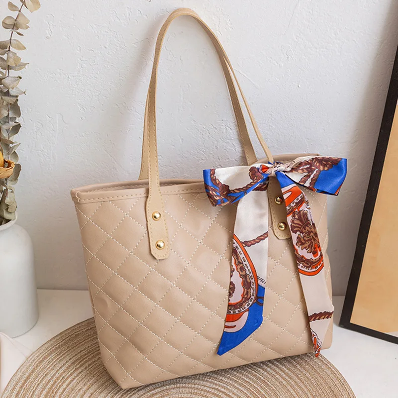 Large Capacity Quilted Large Tote Shoulder Bag with Printed Silk Scarf Decor Women Elegant Daily Work Shopping Travel Hand Purse