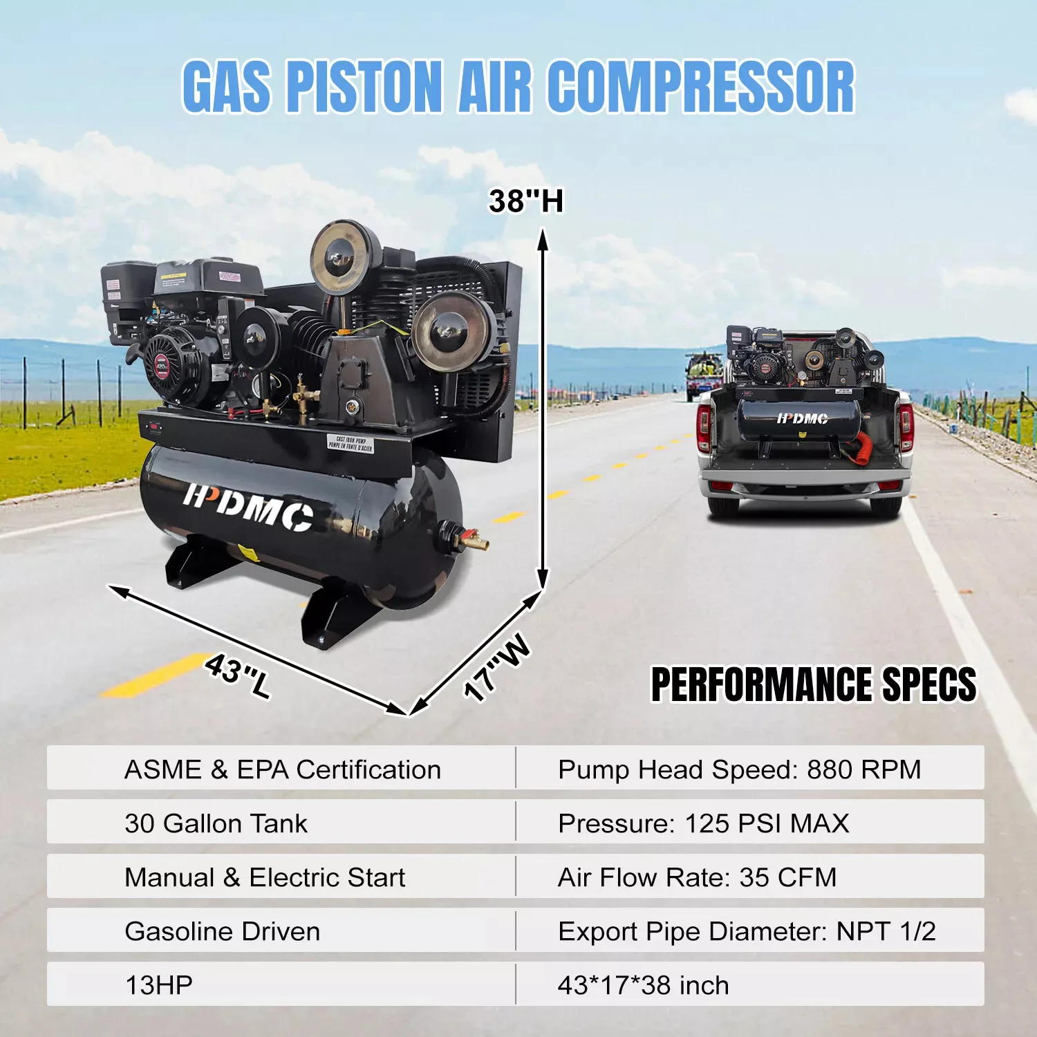 Gasoline Driven Air Compressor 13HP 43.5 CFM 115 PSI with 30-Gallon Horizontal ASME Tank Electric Start Piston Pump
