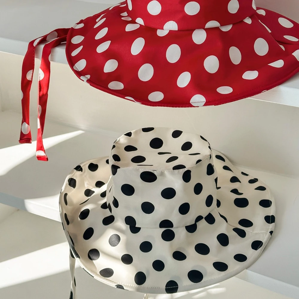 Summer Polka Dot Lace Up Boater Hat Korean Style Cotton Sun Hat with Wide Brim Beach Vacation Instagram Style Bucket Hat Cute
