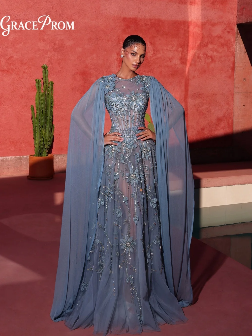 Ethereal Dusty Blue Fitted Corset 3D Floral Evening Dress 2027 Sheer Corset Wedding Guest Formal Reception Gown فساتين سهرة