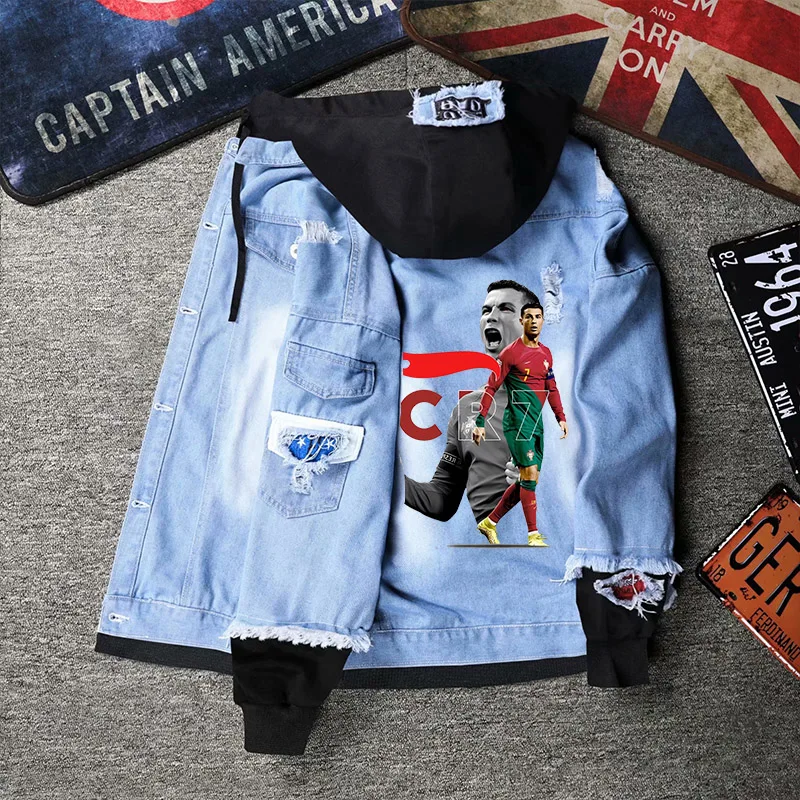 

CR7 Cowboy Hole Denim Jackets Anime Football Star Ronaldos Two Piece Set Coats Fashion Hooded Outwear Winter Adult Clothes Gift