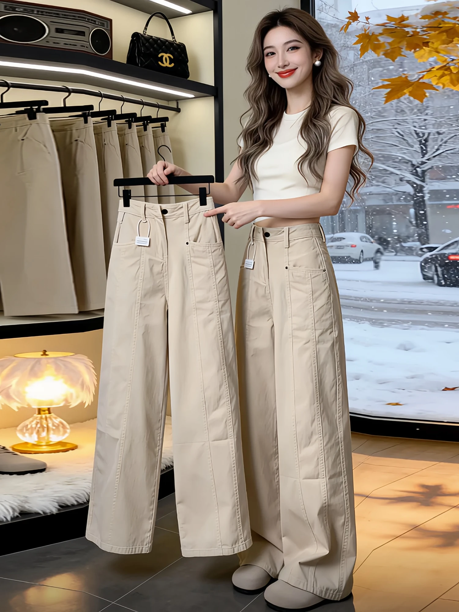Chestnut High Waist Loose Wide Leg Workwear Pants Women's Casual Straight Long Trousers Pear Body Shape Spring Autumn New Style