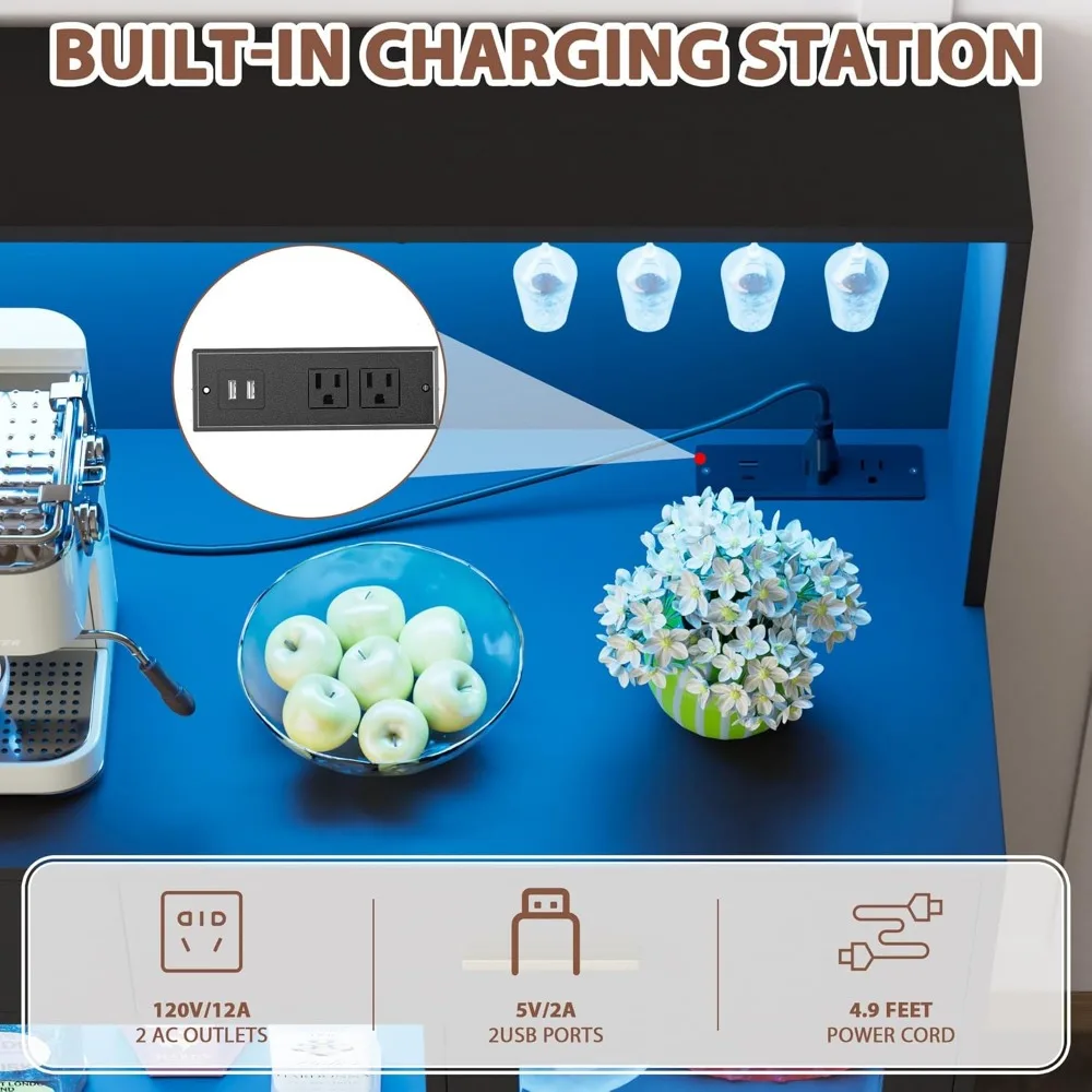 خزانة بار النبيذ مع ضوء LED، خزانة بار القهوة للمطبخ مع مخرج طاقة، خزائن المشروبات المنزلية مع حامل زجاجي ونبيذ R