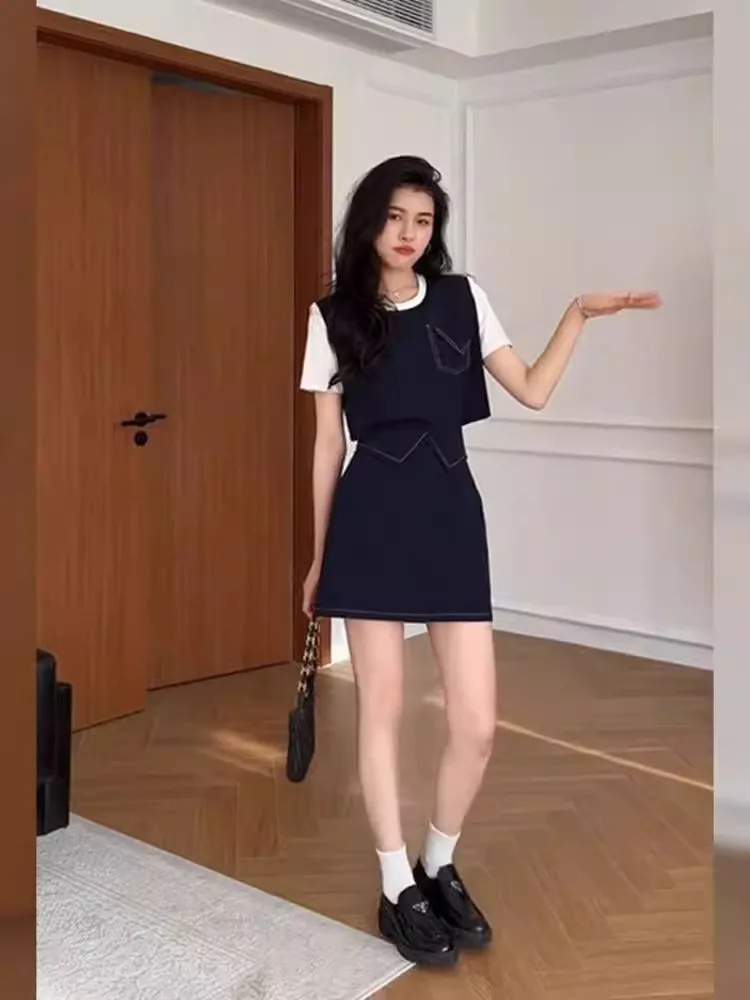 

Стильный комплект с коротким рукавом и круглым вырезом: женский топ и юбка в корейском стиле, летняя новинка