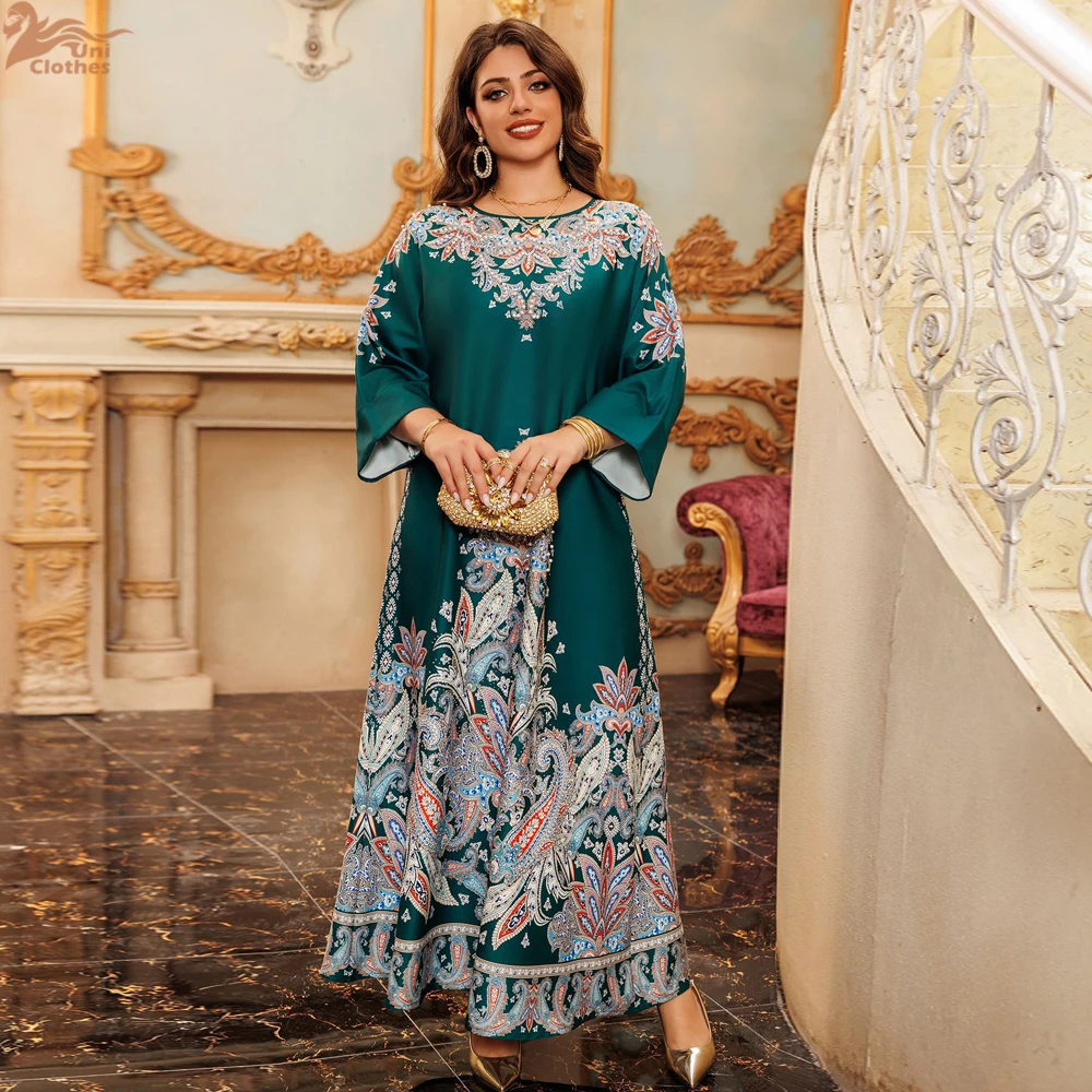 Uni Fashion قفطان عباية دبي إسلامي مطرز بالخرز والألماس طباعة زهور رقبة دائرية وأكمام طويلة فستان إسلامي طويل فضفاض