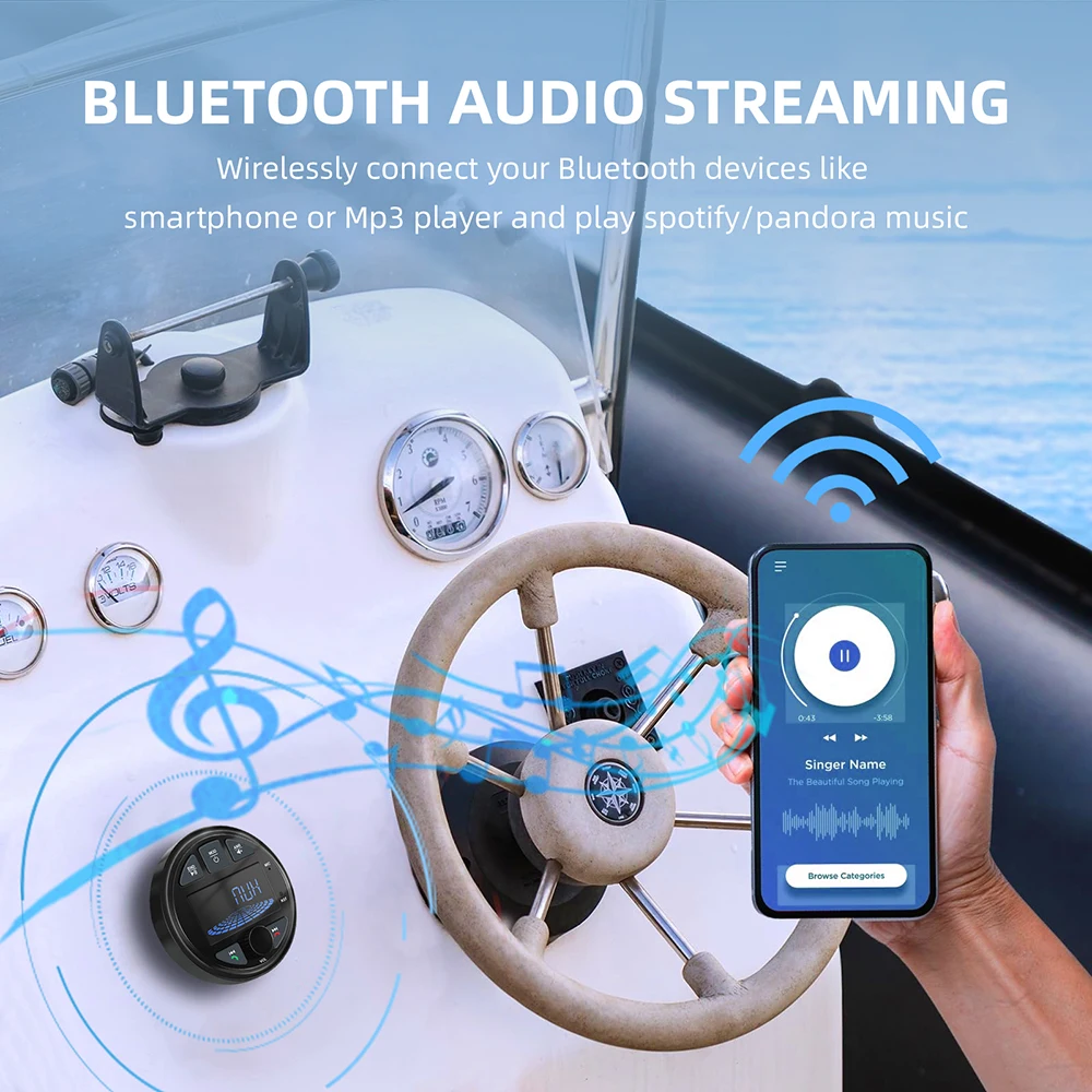 NUOVA Radio per barche Sorgente stereo marina Lettore multimediale AM FM RDS Ricevitore MP3 MP4 Riproduzione video Bluetooth AUX per ATV UTV Carrello Moto