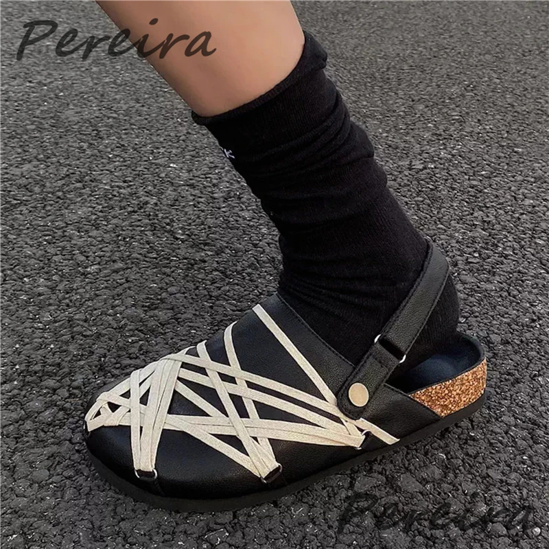 

Black Leather Cross Strap Thick Soled Mules Summer New Detachable Round Toe Half Slippers Trendy Versatile Couple Casual Shoes