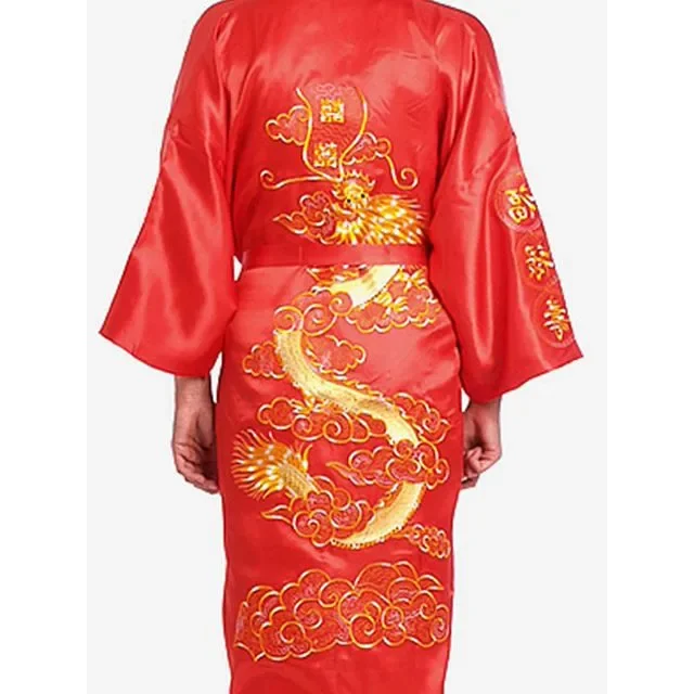 Japanese Style Male Satin Silk Robe Dragon Embroidery Japan Kimono Bath Gown Size M L XL XXL Men Satin Robe Embroidery Bath Gown