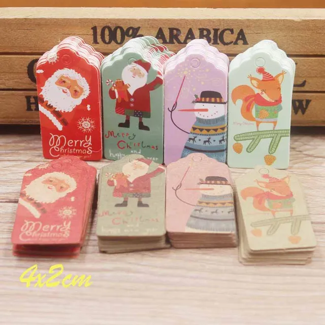 100 sztuk 4x2cm wesołych świąt tagi papier pakowy karta prezent etykieta Tag DIY zawieszki do pakowania prezentów Decor karta podarunkowa