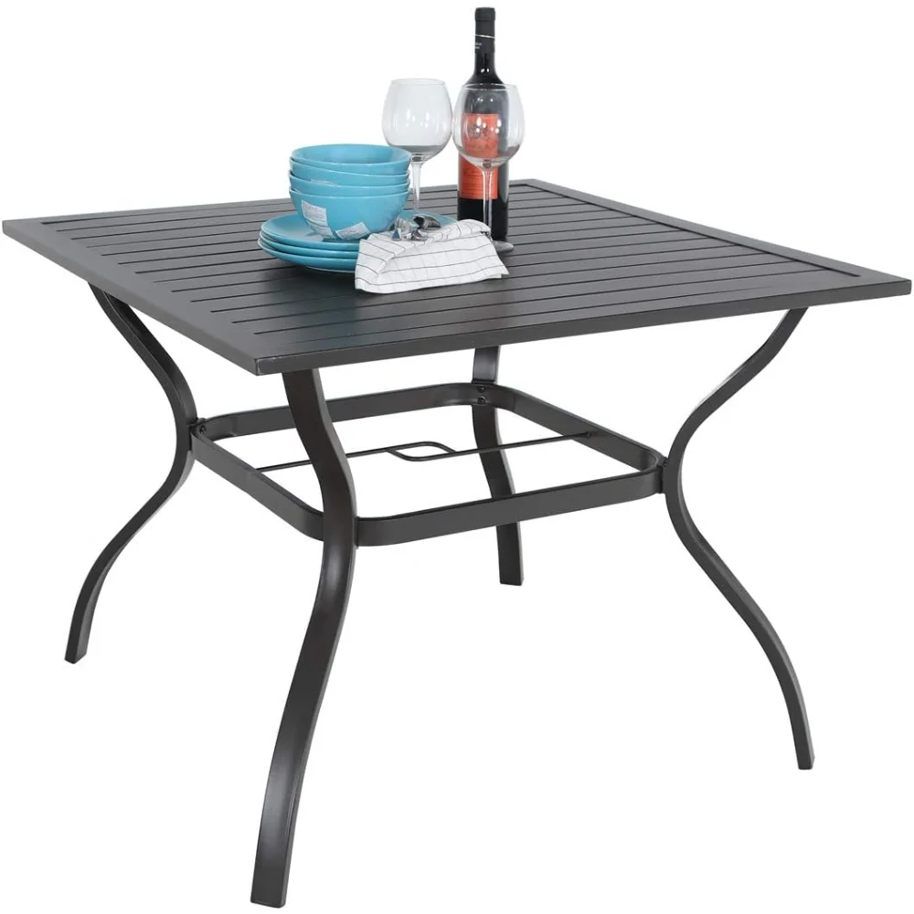

37" Patio Table for 4, Metal Outdoor Dining Tables with E-Coating, Square Steel Slated Outdoor Table with 1.57" Umbrella Hole