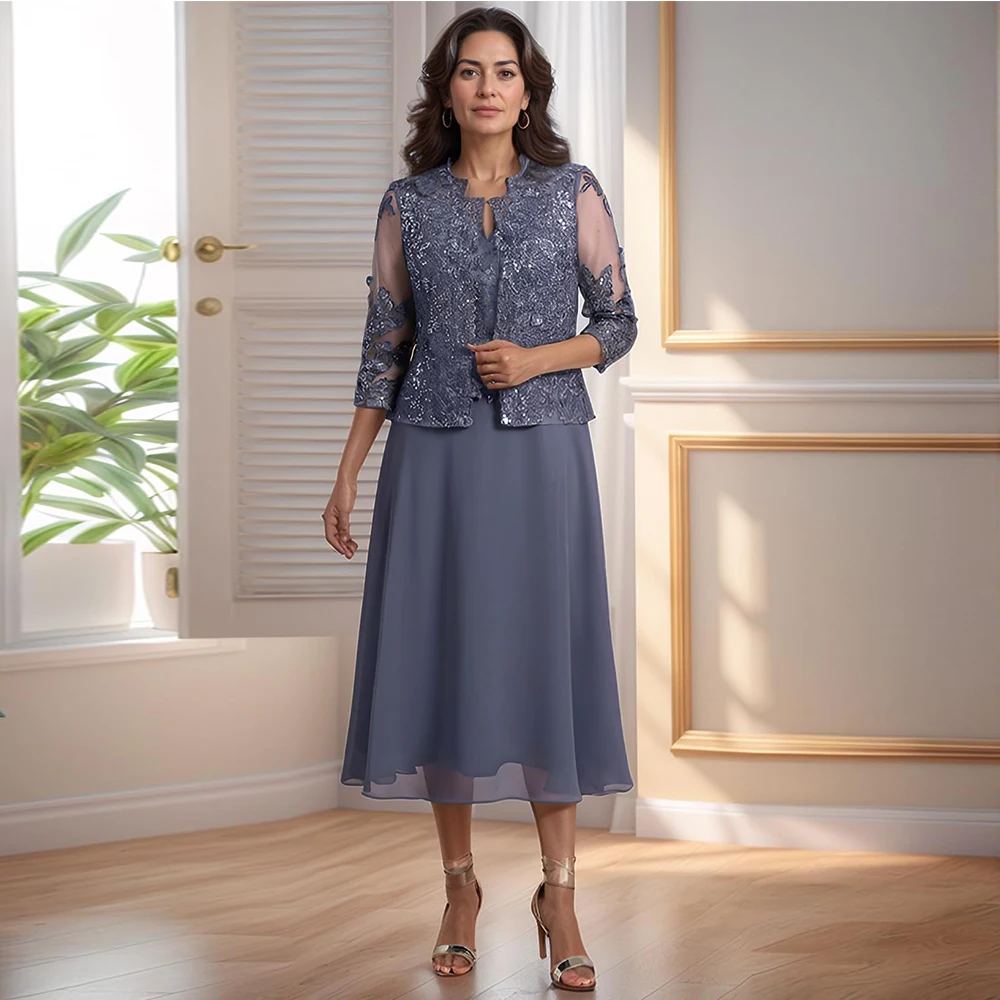 Maßgeschneiderte 2-teilige Kleider für die Brautmutter, Teelänge, Chiffon, Spitze, 3/4-Ärmel, Kleider für die Brautmutter mit Jacke