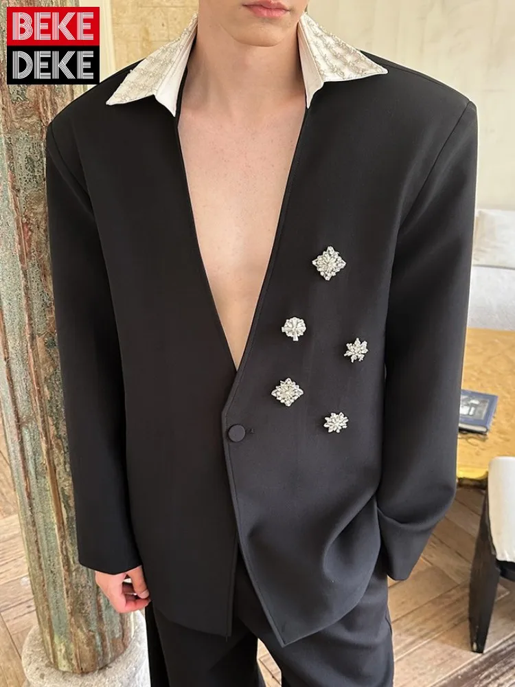 

Сексуальный мужской банкетный костюм, куртка на одной пуговице с бриллиантами, свободный крой, отложной воротник, модные повседневные пиджаки, черное пальто в корейском стиле